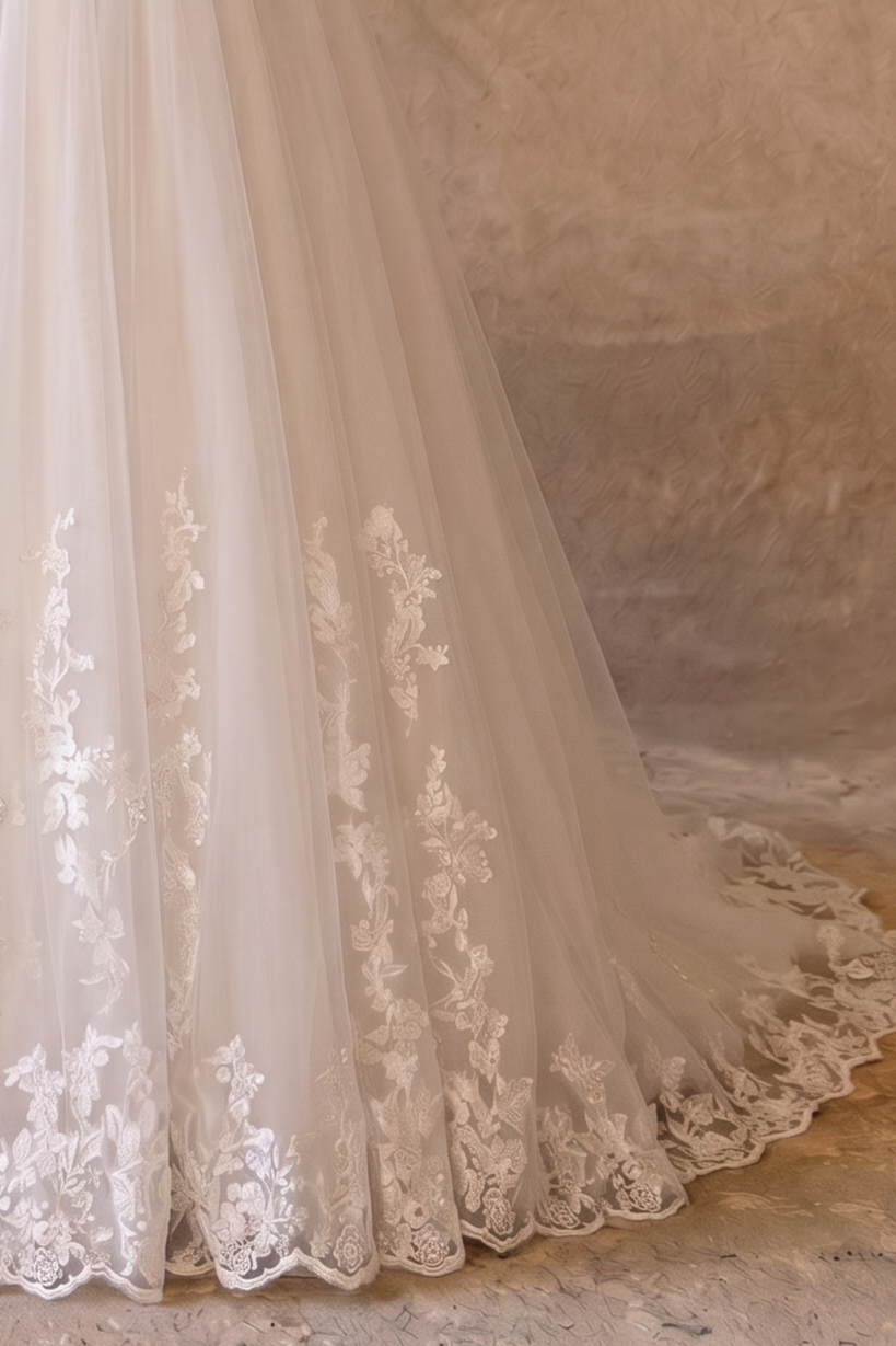 Luxury Modest A-Line Wedding Dress with High Neck- Long Sleeves- Tulle Skirt and Cathedral Train Plus Size