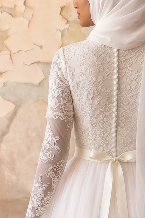 Luxury Modest A-Line Wedding Dress with Long Lace Sleeves-Illusion Bodice and Soft Tulle Skirt – Elegant Bridal Gown Plus Size