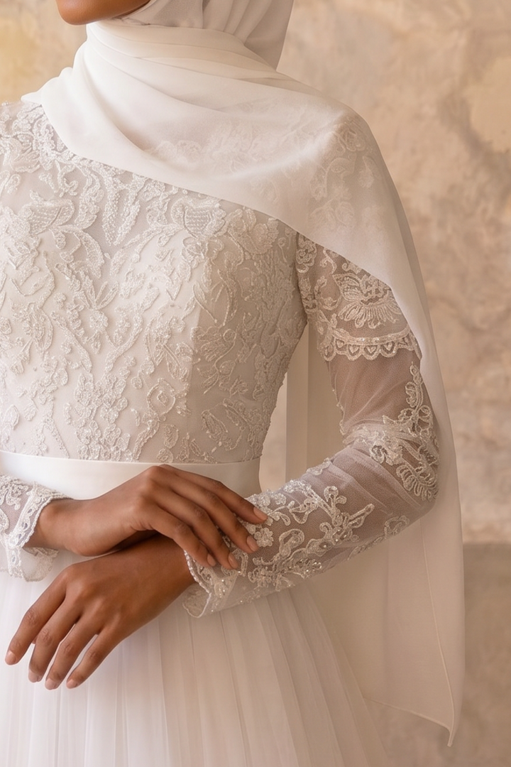 Luxury Modest A-Line Wedding Dress with Long Lace Sleeves-Illusion Bodice and Soft Tulle Skirt – Elegant Bridal Gown Plus Size