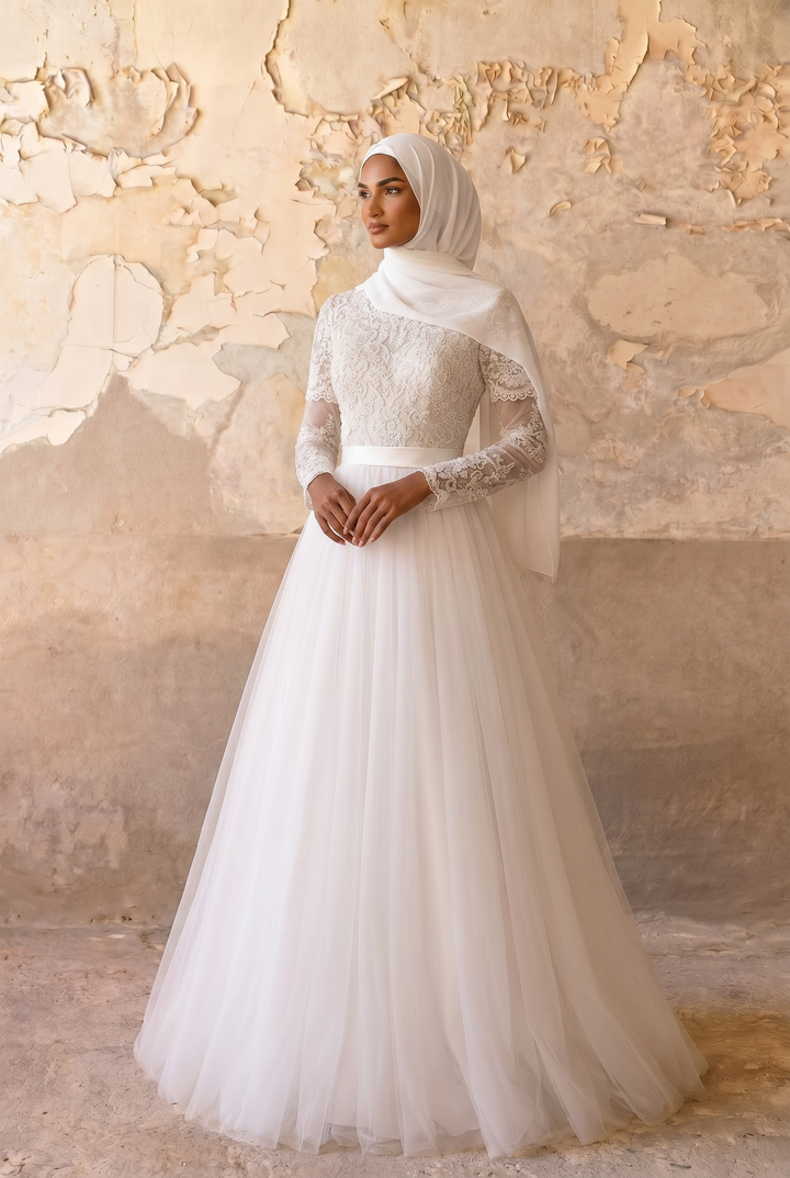 Luxury Modest A-Line Wedding Dress with Long Lace Sleeves-Illusion Bodice and Soft Tulle Skirt – Elegant Bridal Gown Plus Size