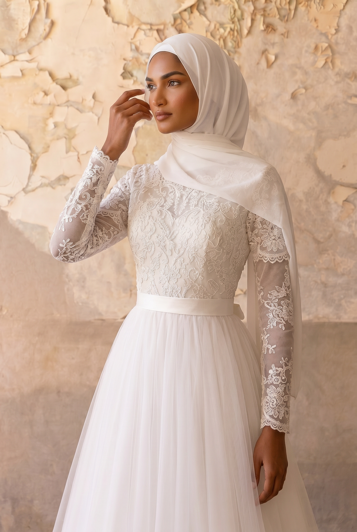 Luxury Modest A-Line Wedding Dress with Long Lace Sleeves-Illusion Bodice and Soft Tulle Skirt – Elegant Bridal Gown Plus Size