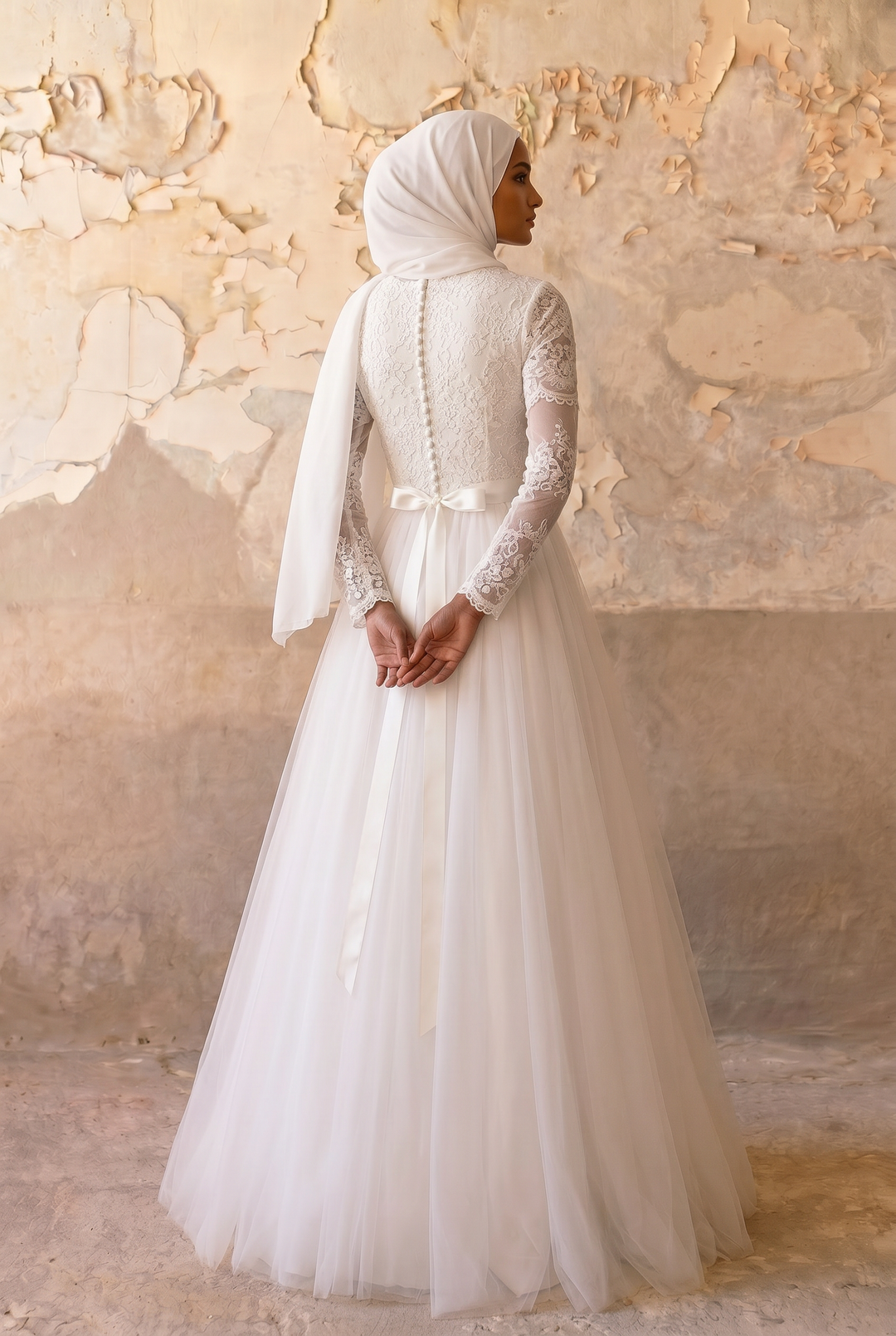 Luxury Modest A-Line Wedding Dress with Long Lace Sleeves-Illusion Bodice and Soft Tulle Skirt – Elegant Bridal Gown Plus Size