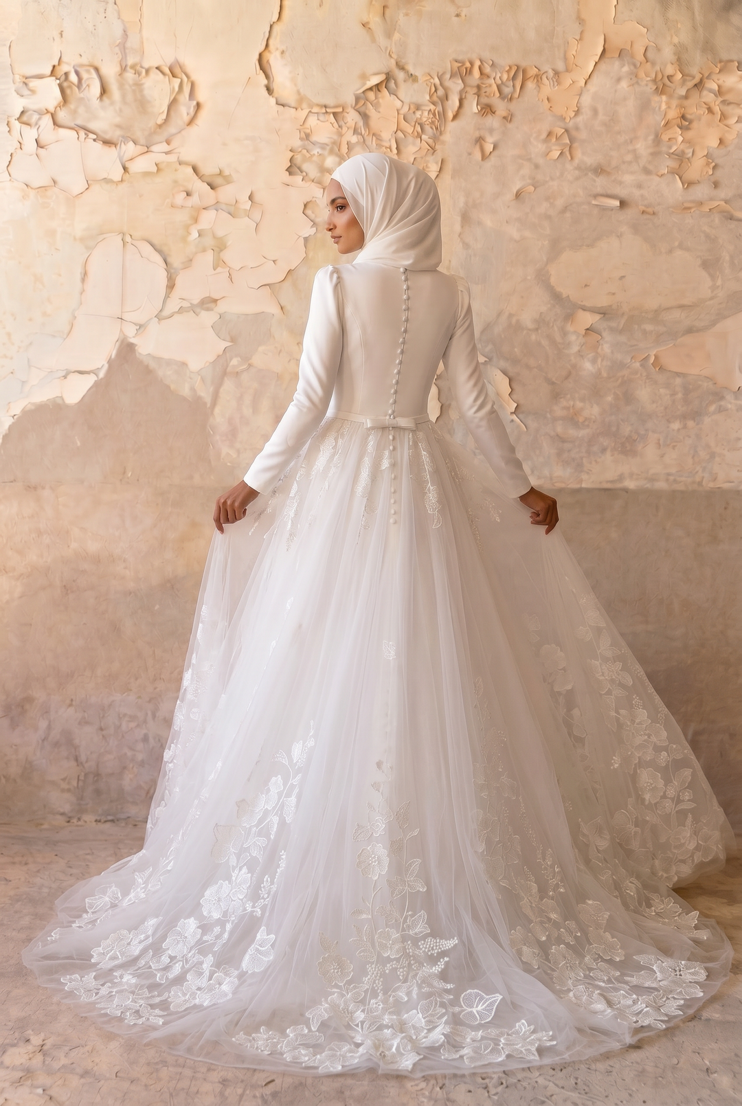 Luxury Modest A-Line Wedding Dress with Long Sleeves-Floral Embroidered Tulle Skirt and Chapel Train Plus Size