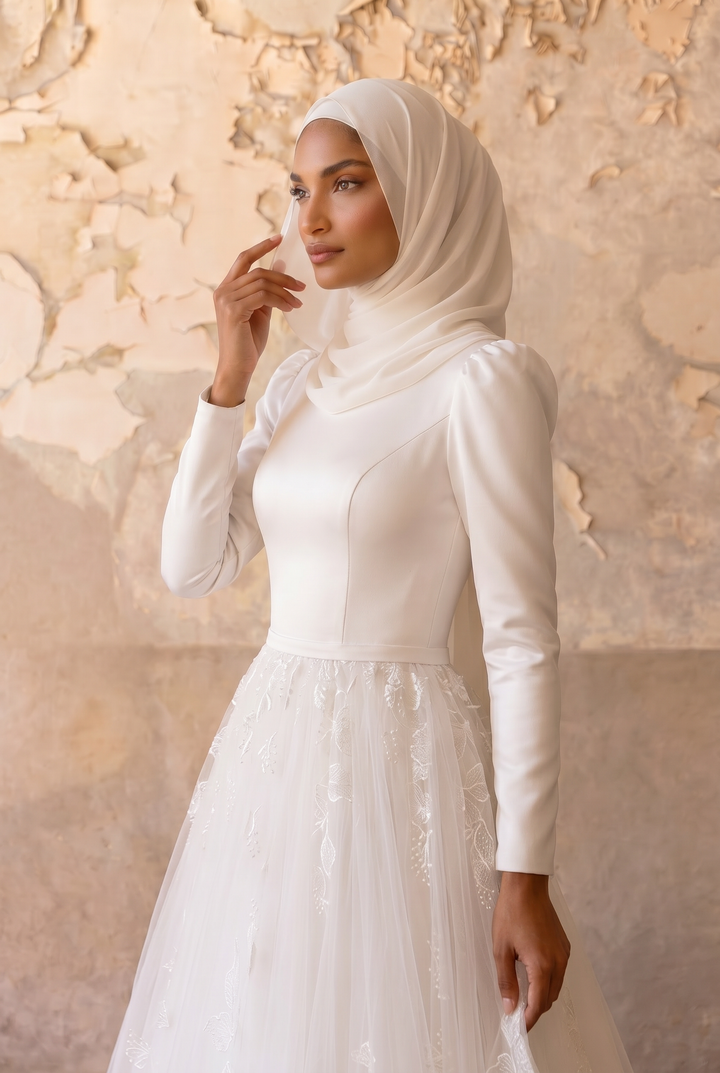 Luxury Modest A-Line Wedding Dress with Long Sleeves-Floral Embroidered Tulle Skirt and Chapel Train Plus Size