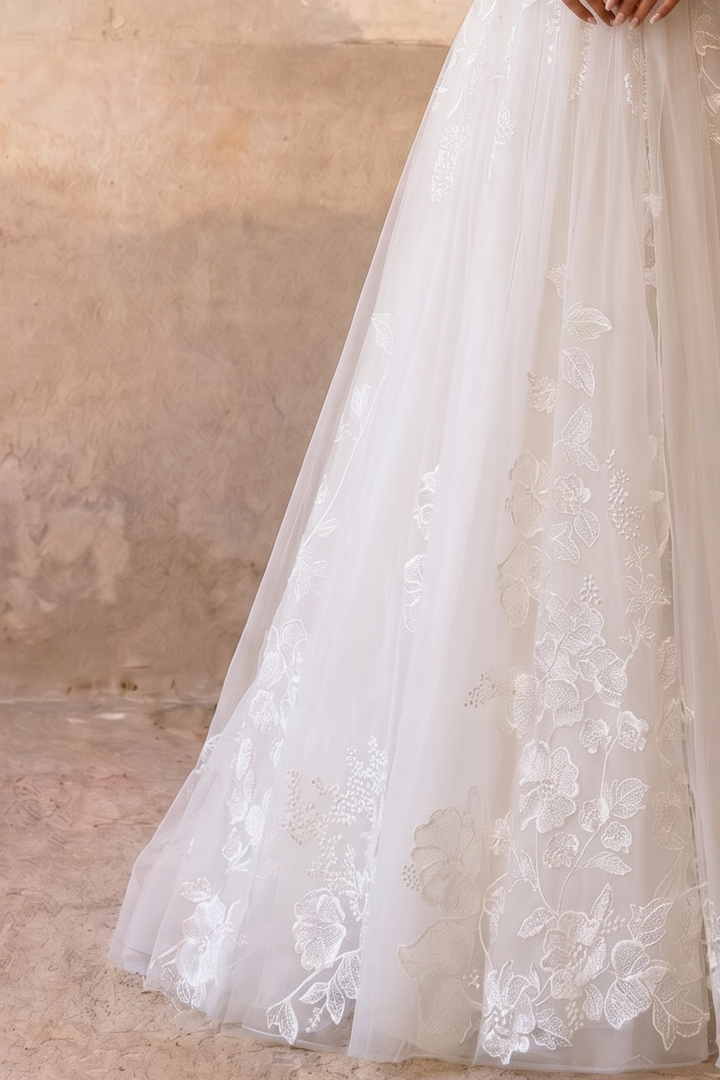 Luxury Modest A-Line Wedding Dress with Long Sleeves-Floral Embroidered Tulle Skirt and Chapel Train Plus Size