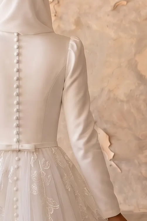 Luxury Modest A-Line Wedding Dress with Long Sleeves-Floral Embroidered Tulle Skirt and Chapel Train Plus Size