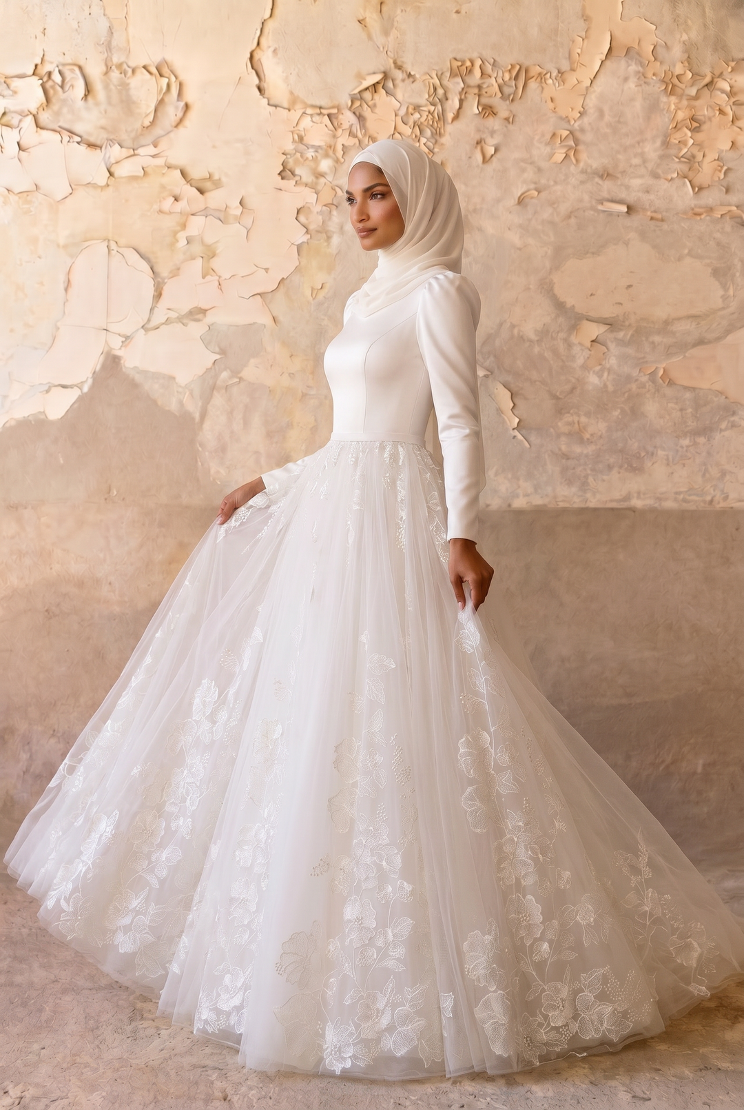 Luxury Modest A-Line Wedding Dress with Long Sleeves-Floral Embroidered Tulle Skirt and Chapel Train Plus Size