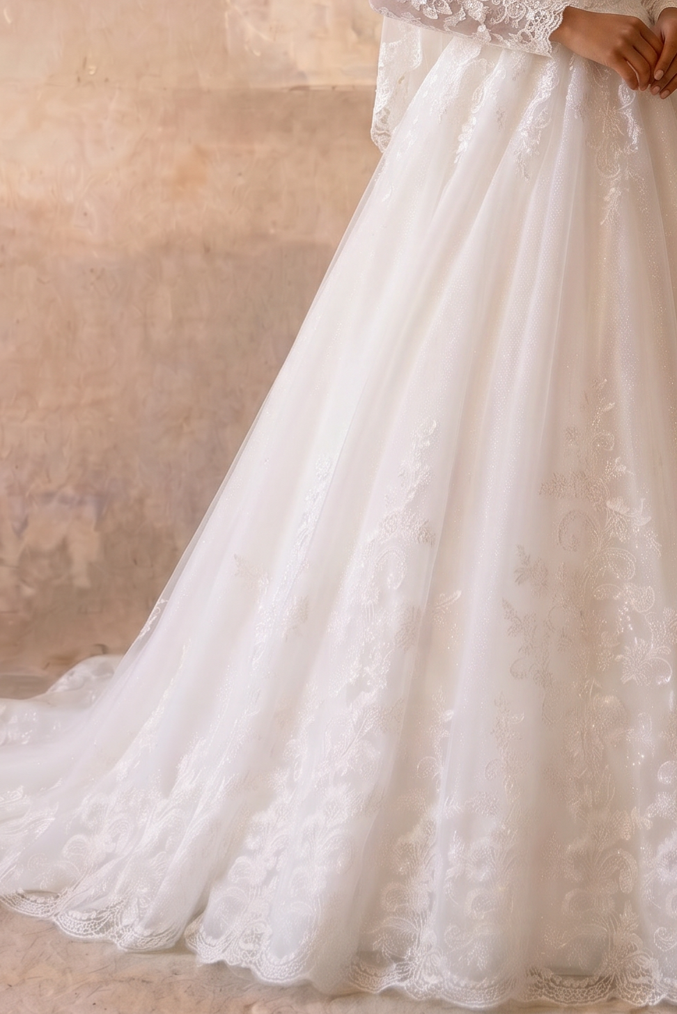 Luxury Modest Lace Wedding Dress with High Neck, Long Sleeves, Layered Lace Cape and A-Line Tulle Skirt Plus Size