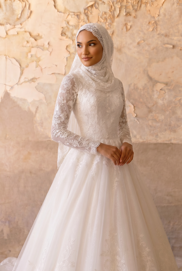 Luxury Modest Lace Wedding Dress with High Neck, Long Sleeves, Layered Lace Cape and A-Line Tulle Skirt Plus Size