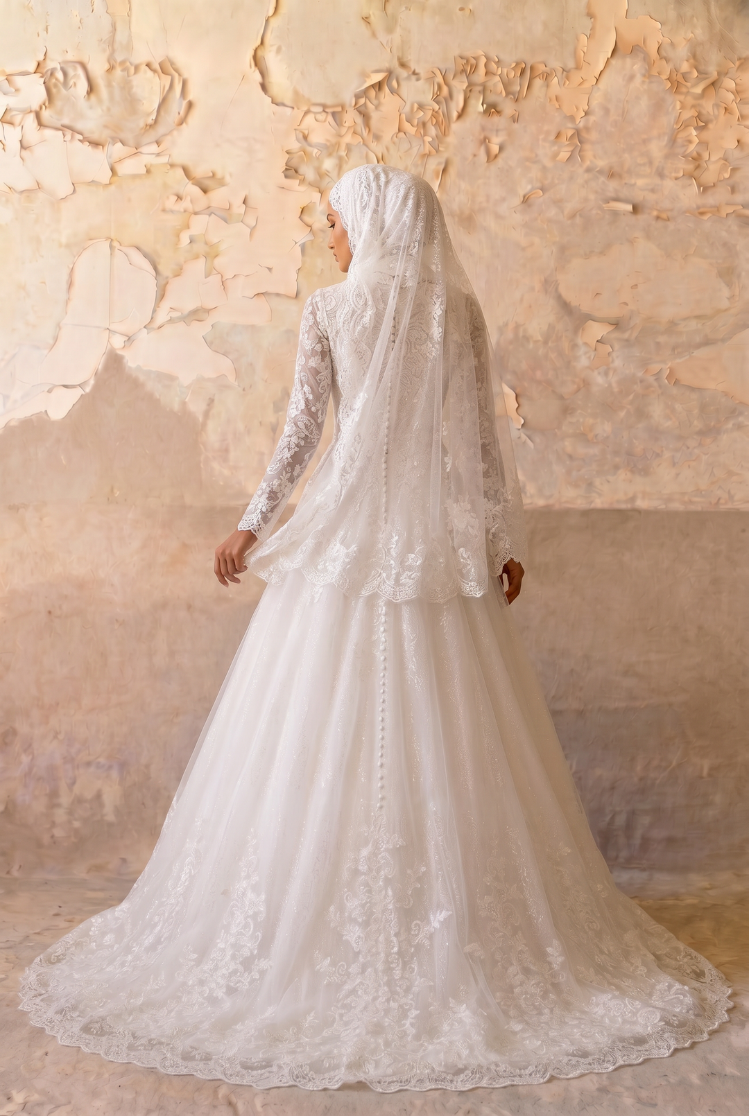 Luxury Modest Lace Wedding Dress with High Neck, Long Sleeves, Layered Lace Cape and A-Line Tulle Skirt Plus Size
