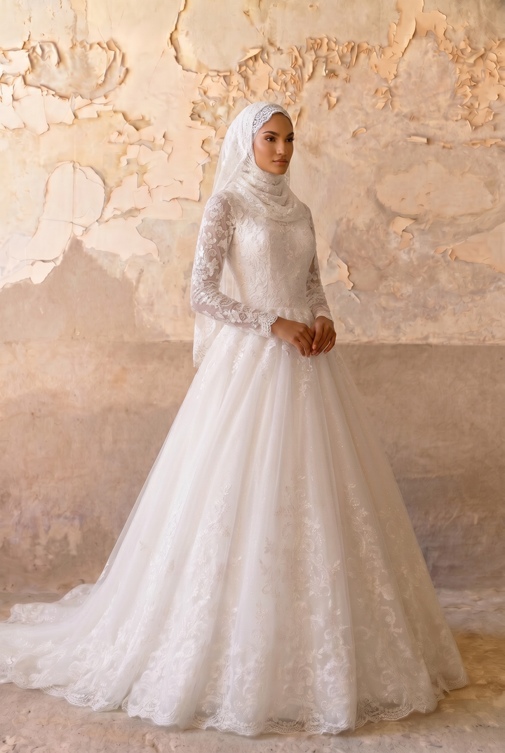 Luxury Modest Lace Wedding Dress with High Neck, Long Sleeves, Layered Lace Cape and A-Line Tulle Skirt Plus Size