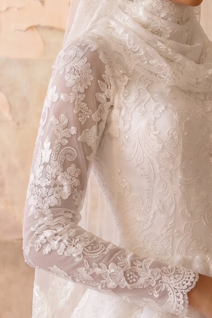 Luxury Modest Lace Wedding Dress with High Neck, Long Sleeves, Layered Lace Cape and A-Line Tulle Skirt Plus Size