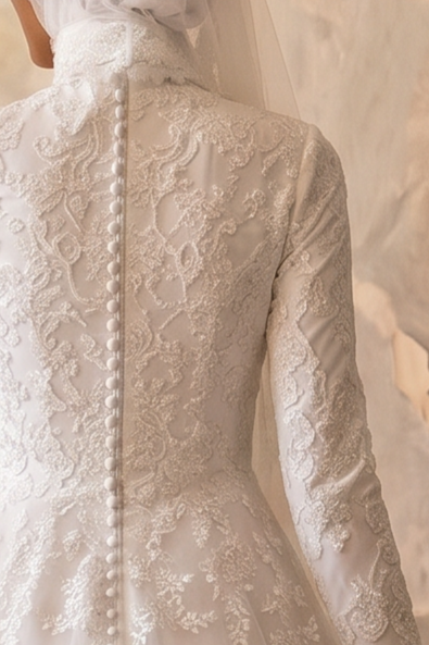 Luxury Modest Lace Wedding Dress with High Neck, Long Sleeves and A-Line Tulle Skirt – Elegant Muslim Bridal Gown Plus Size