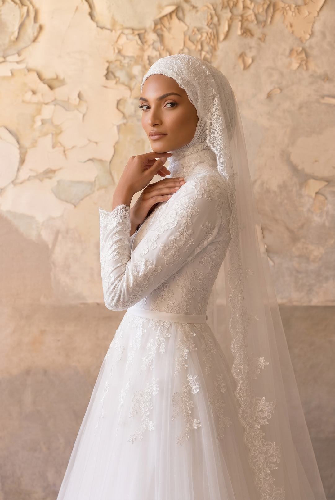 Luxury Modest Lace Wedding Dress with High Neck, Long Sleeves and A-Line Tulle Skirt – Elegant Muslim Bridal Gown Plus Size