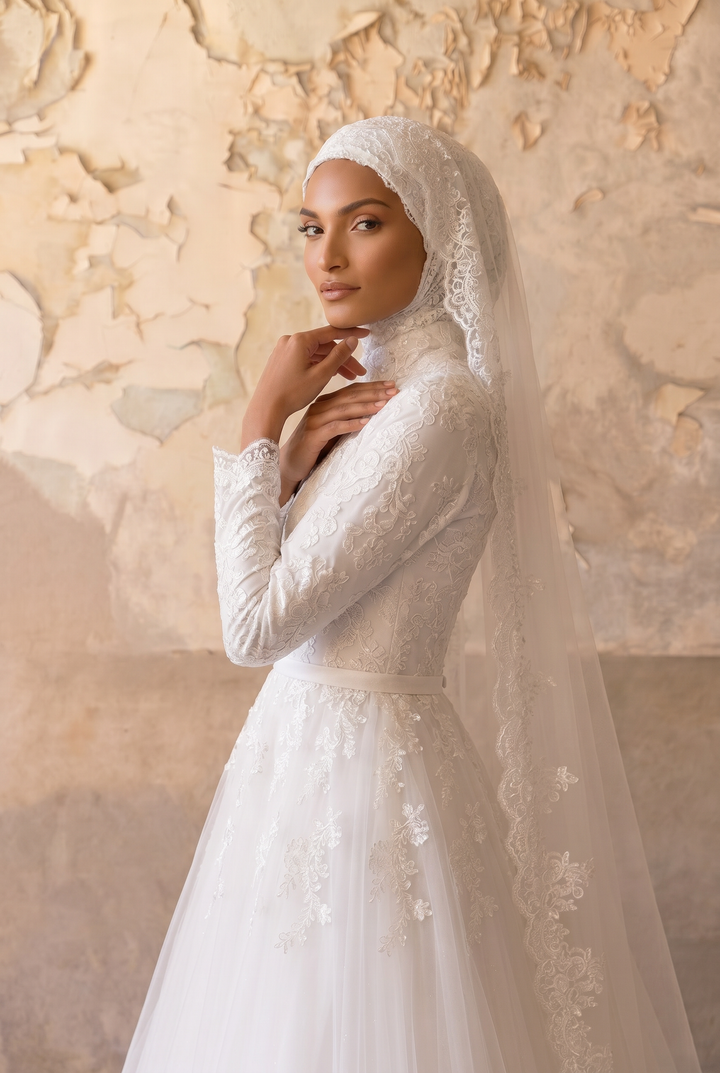 Luxury Modest Lace Wedding Dress with High Neck, Long Sleeves and A-Line Tulle Skirt – Elegant Muslim Bridal Gown Plus Size