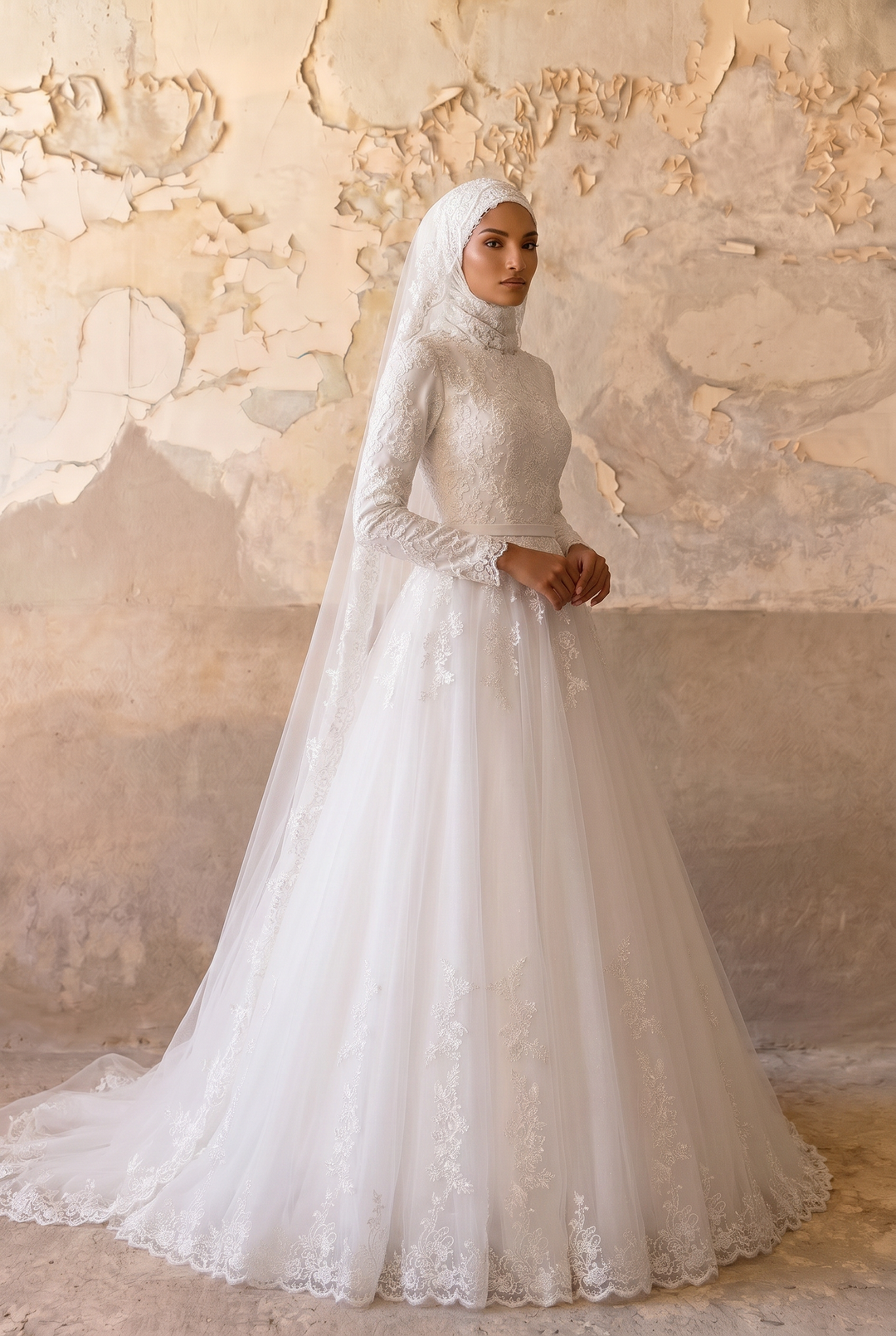 Luxury Modest Lace Wedding Dress with High Neck, Long Sleeves and A-Line Tulle Skirt – Elegant Muslim Bridal Gown Plus Size