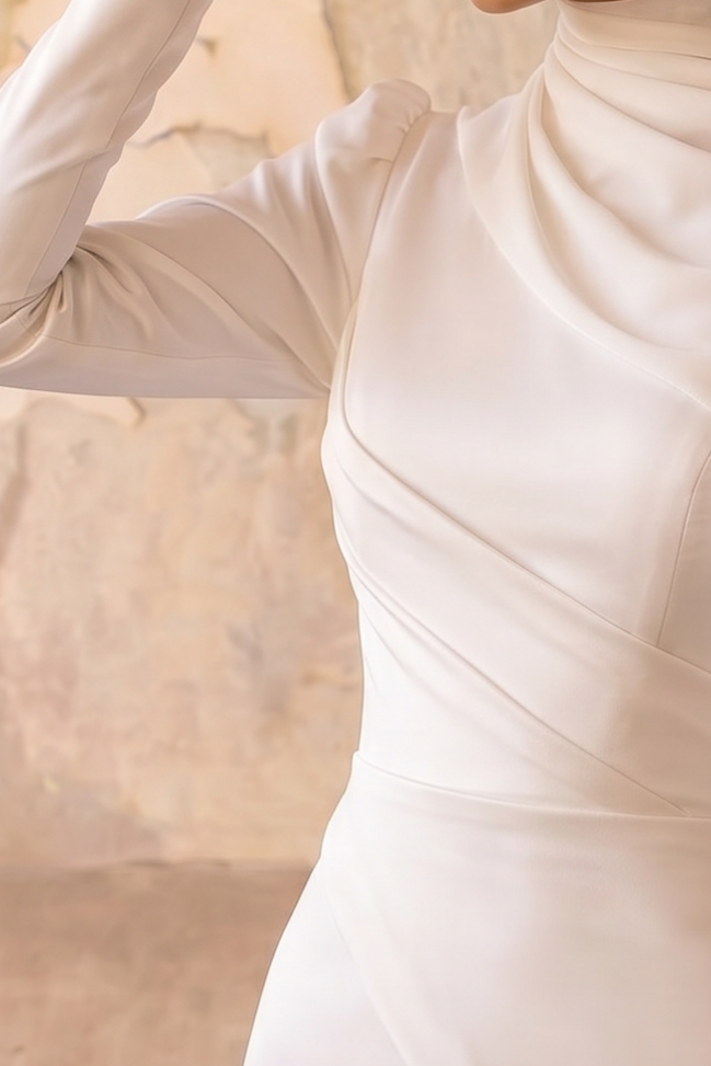 Luxury Modest Mermaid Wedding Dress with Draped High Neck- Long Sleeves and Satin Crepe Bridal Gown Plus Size
