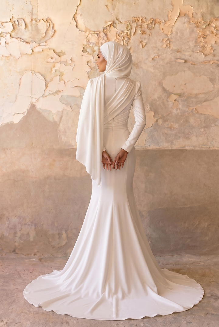 Luxury Modest Mermaid Wedding Dress with Draped High Neck- Long Sleeves and Satin Crepe Bridal Gown Plus Size