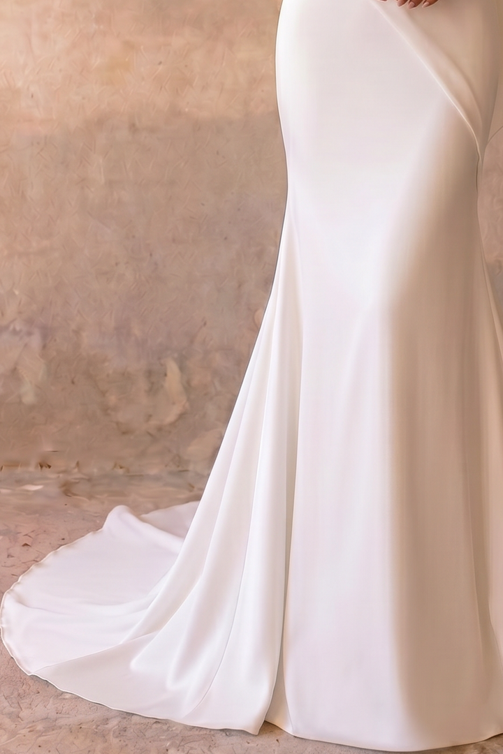 Luxury Modest Mermaid Wedding Dress with Draped High Neck- Long Sleeves and Satin Crepe Bridal Gown Plus Size