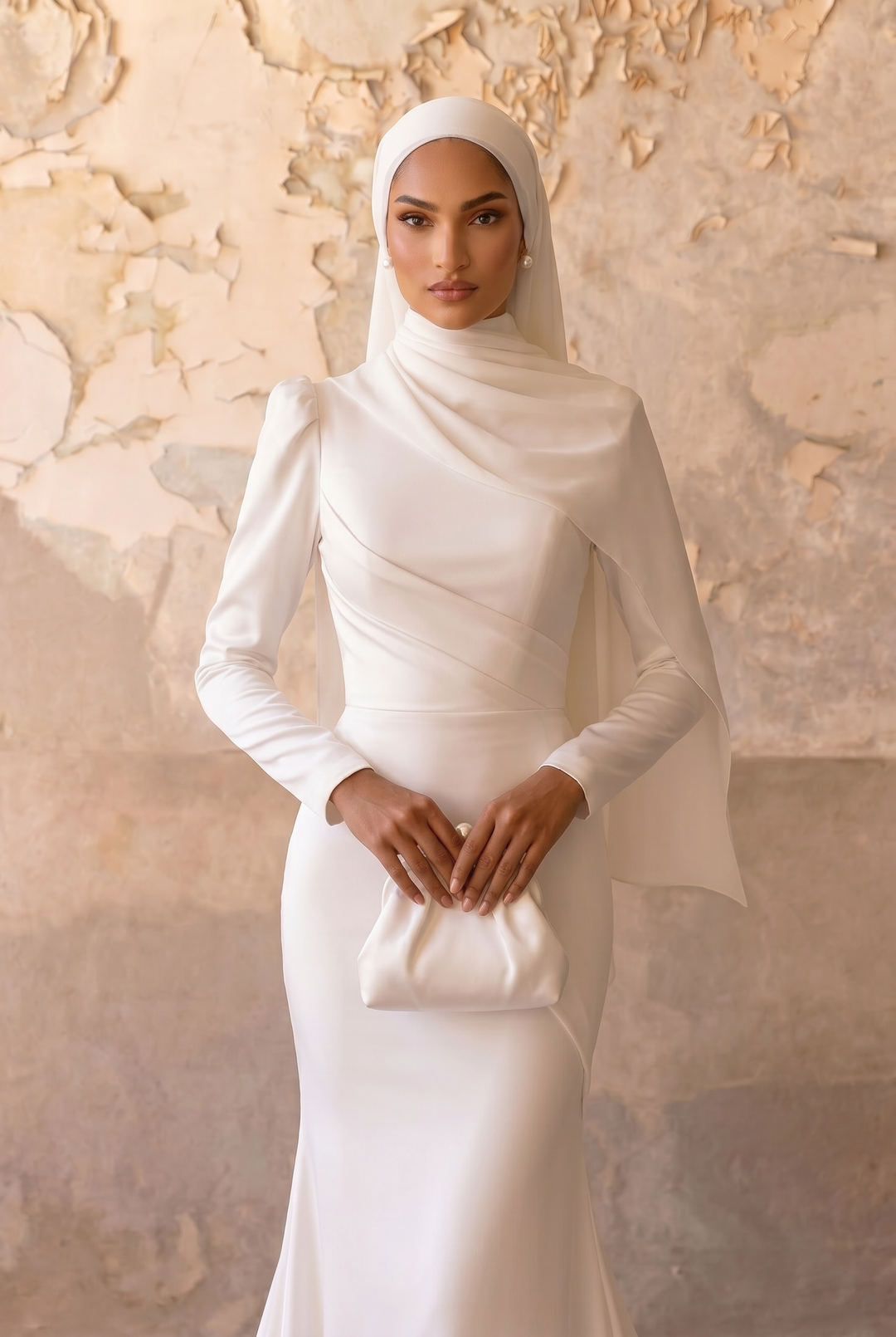 Luxury Modest Mermaid Wedding Dress with Draped High Neck- Long Sleeves and Satin Crepe Bridal Gown Plus Size