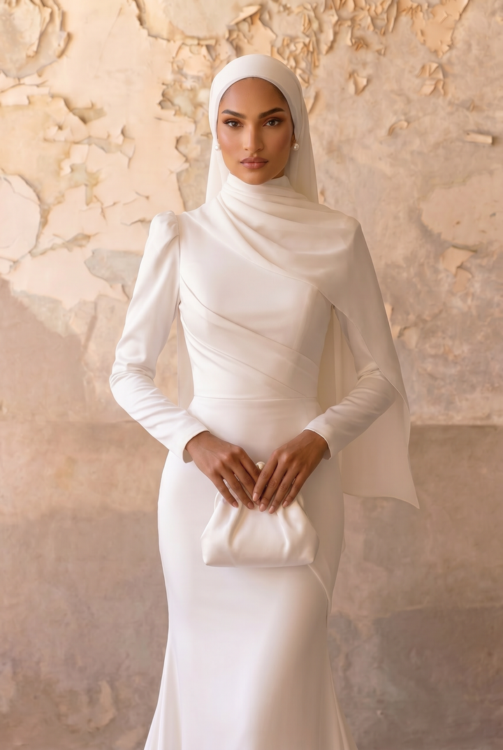 Luxury Modest Mermaid Wedding Dress with Draped High Neck- Long Sleeves and Satin Crepe Bridal Gown Plus Size