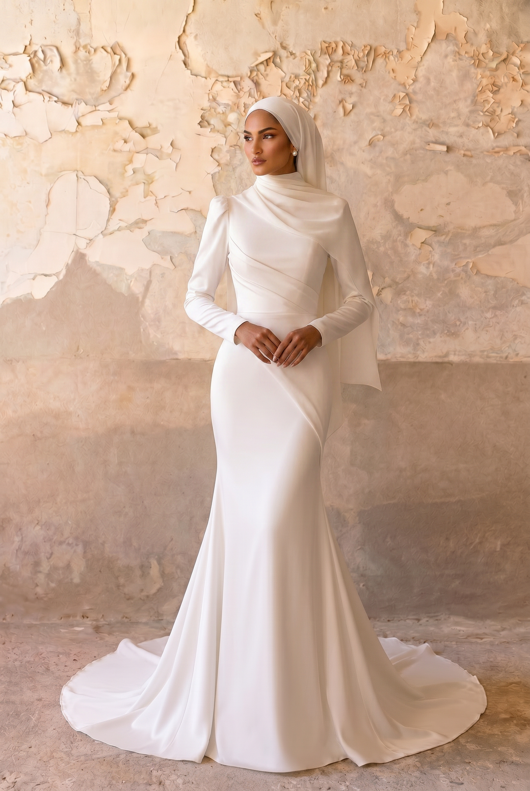 Luxury Modest Mermaid Wedding Dress with Draped High Neck- Long Sleeves and Satin Crepe Bridal Gown Plus Size