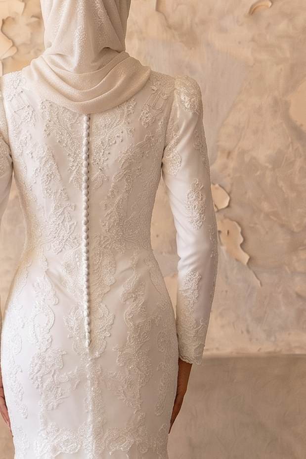 Luxury Modest Mermaid Wedding Dress with Draped High Neck-Puff Sleeves and Lace Appliqués – Elegant Bridal Gown Plus Size