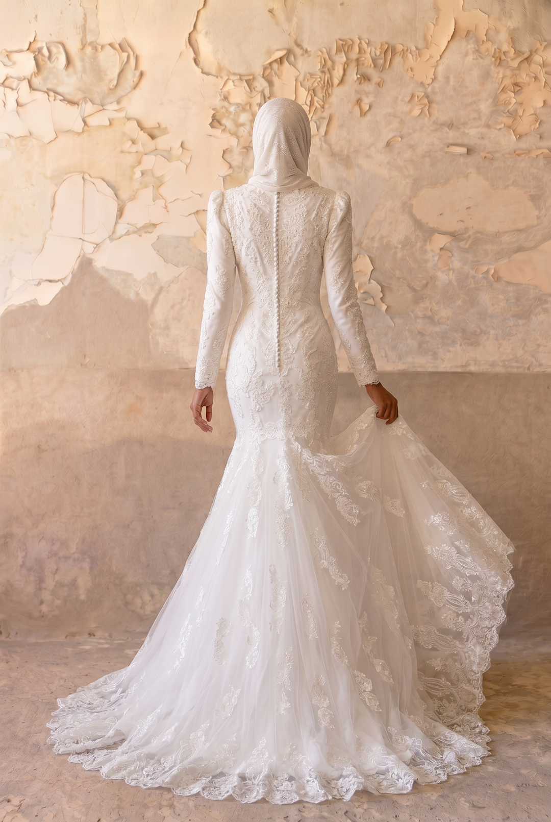 Luxury Modest Mermaid Wedding Dress with Draped High Neck-Puff Sleeves and Lace Appliqués – Elegant Bridal Gown Plus Size