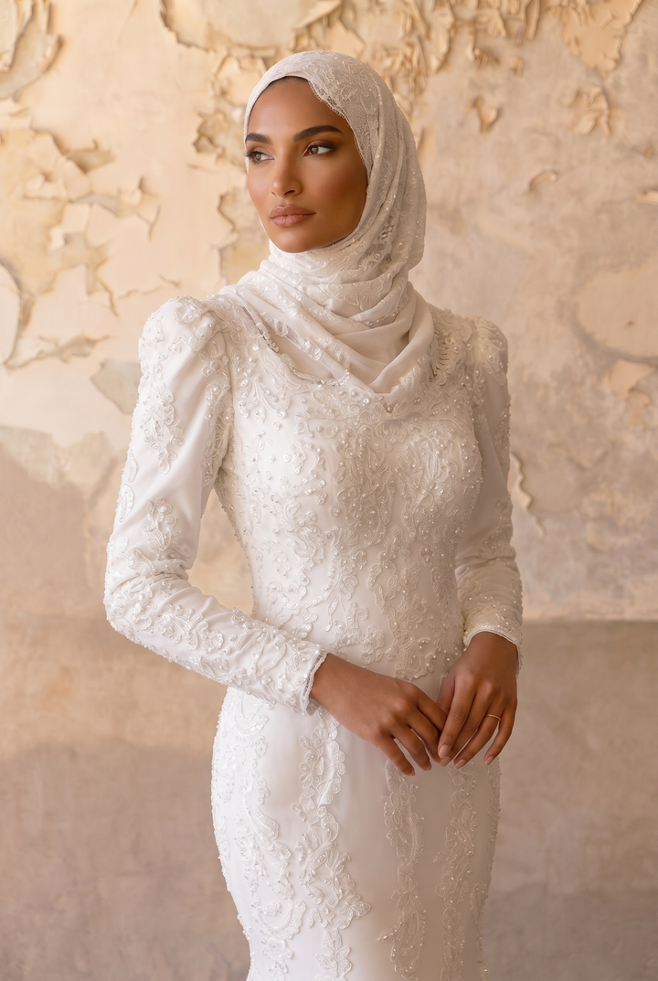 Luxury Modest Mermaid Wedding Dress with Draped High Neck-Puff Sleeves and Lace Appliqués – Elegant Bridal Gown Plus Size
