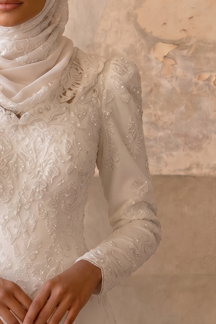 Luxury Modest Mermaid Wedding Dress with Draped High Neck-Puff Sleeves and Lace Appliqués – Elegant Bridal Gown Plus Size