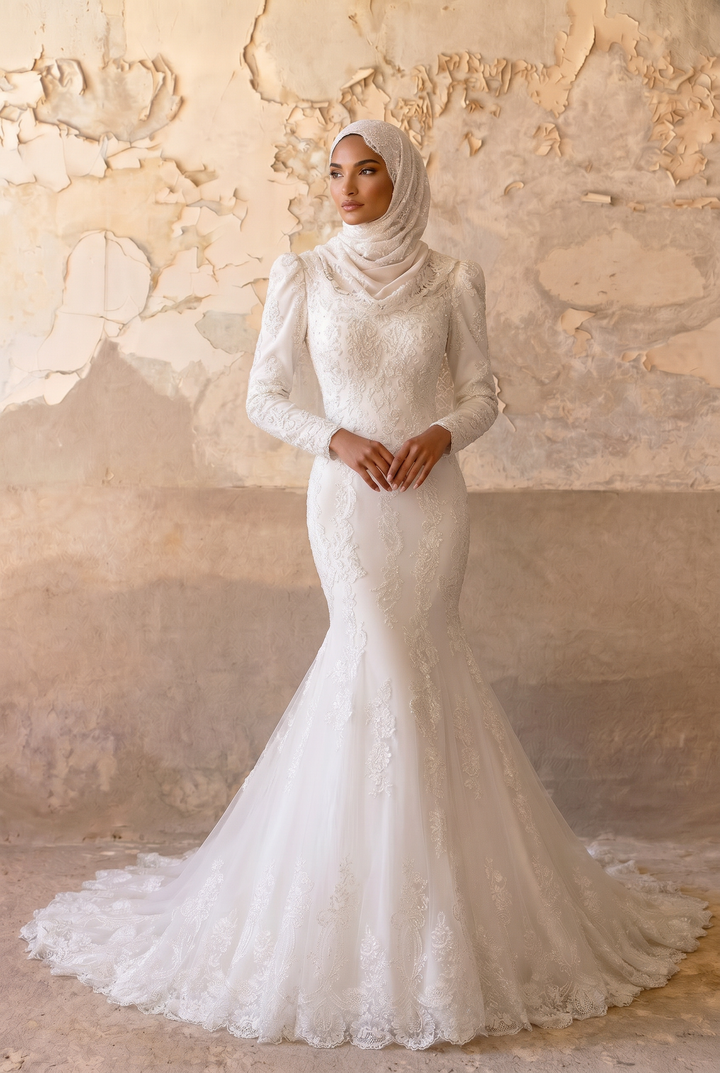 Luxury Modest Mermaid Wedding Dress with Draped High Neck-Puff Sleeves and Lace Appliqués – Elegant Bridal Gown Plus Size