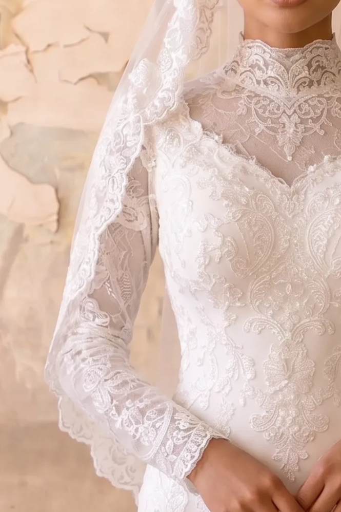 Luxury Modest Mermaid Wedding Dress with High Neck- Long Lace Sleeves and Cathedral Train Plus Size