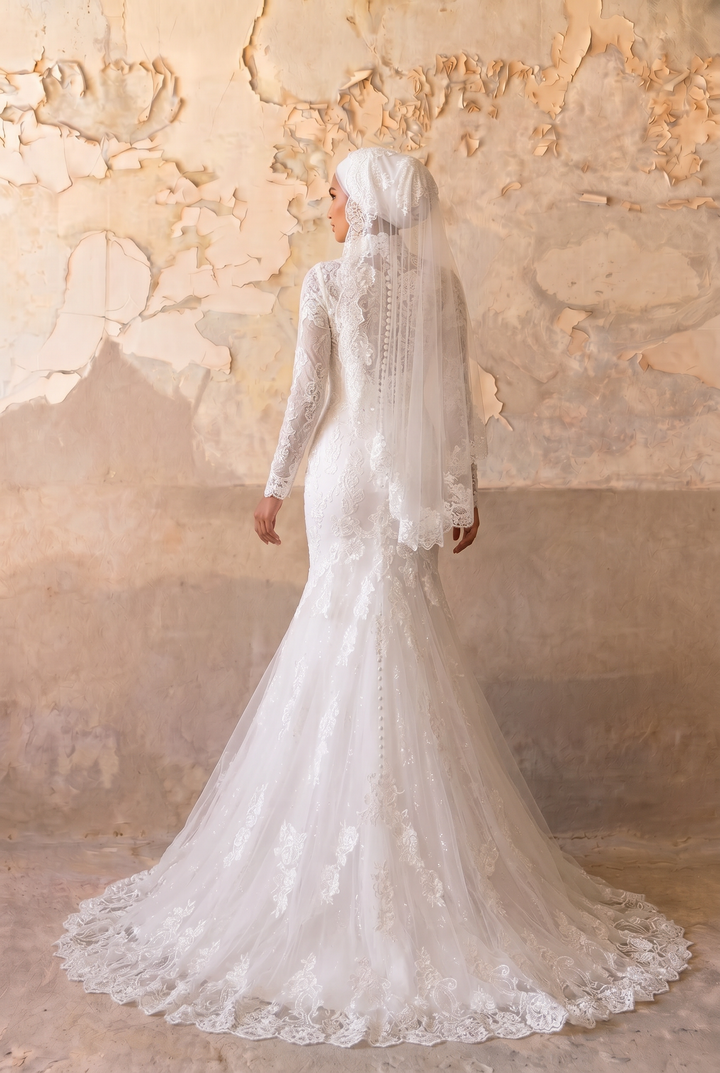 Luxury Modest Mermaid Wedding Dress with High Neck- Long Lace Sleeves and Cathedral Train Plus Size