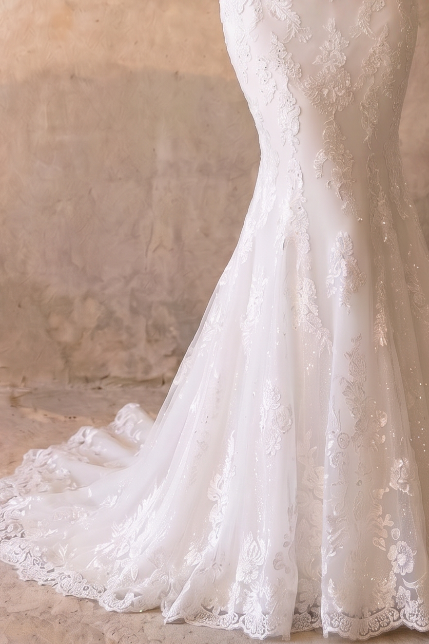 Luxury Modest Mermaid Wedding Dress with High Neck- Long Lace Sleeves and Cathedral Train Plus Size