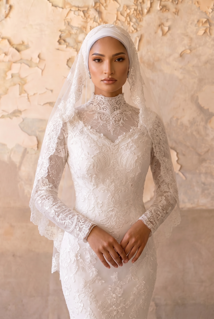 Luxury Modest Mermaid Wedding Dress with High Neck- Long Lace Sleeves and Cathedral Train Plus Size
