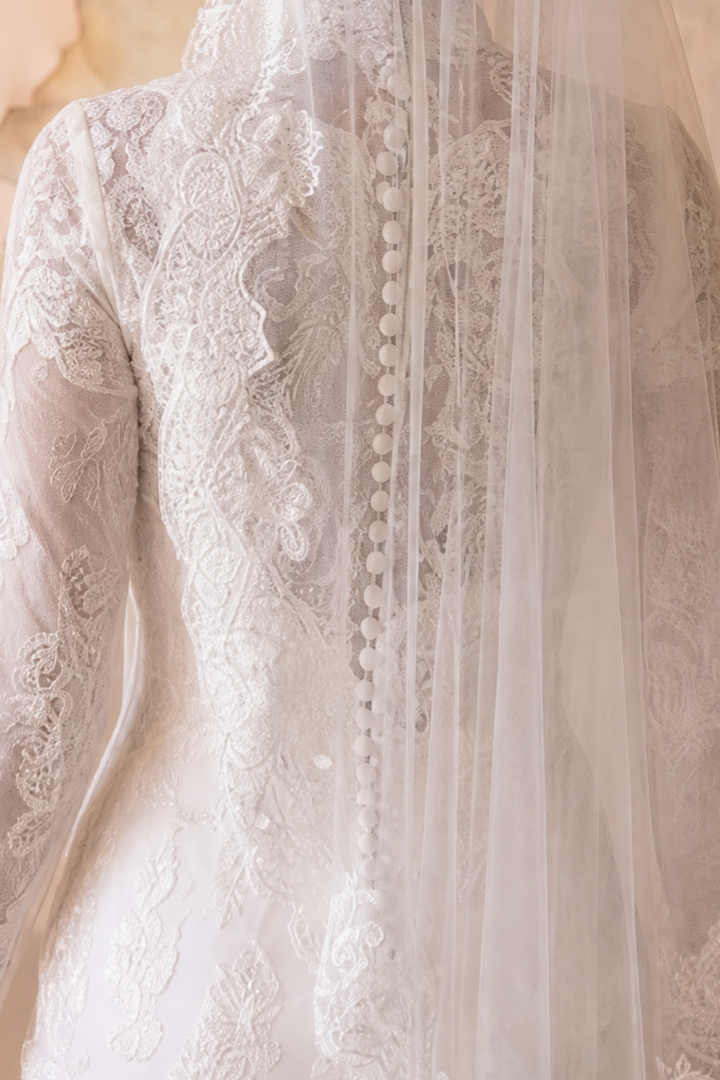 Luxury Modest Mermaid Wedding Dress with High Neck- Long Lace Sleeves and Cathedral Train Plus Size