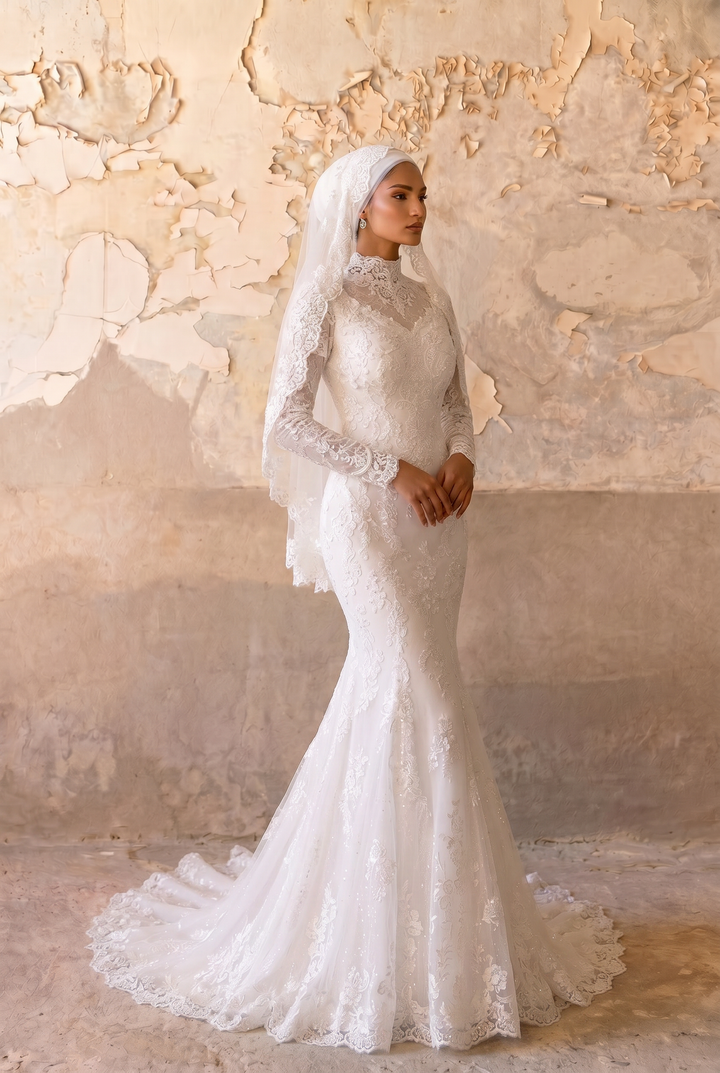Luxury Modest Mermaid Wedding Dress with High Neck- Long Lace Sleeves and Cathedral Train Plus Size