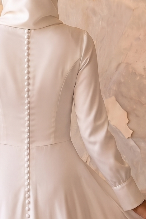 Luxury Modest Satin Wedding Dress with Draped Bodice - Long Sleeves- Cathedral Train and Button Back Plus Size