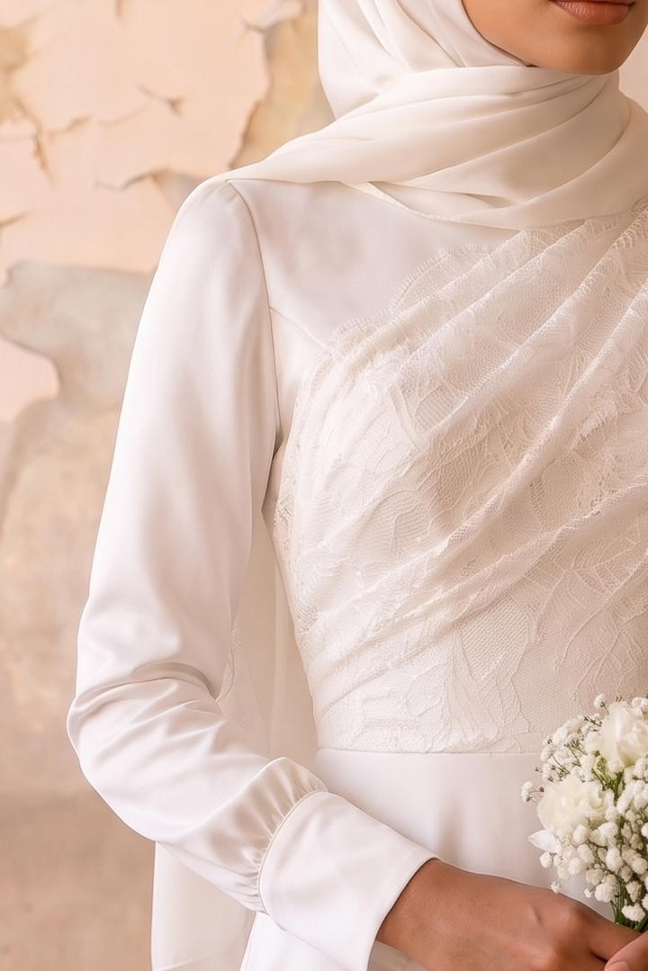 Luxury Modest Satin Wedding Dress with Draped Bodice - Long Sleeves- Cathedral Train and Button Back Plus Size