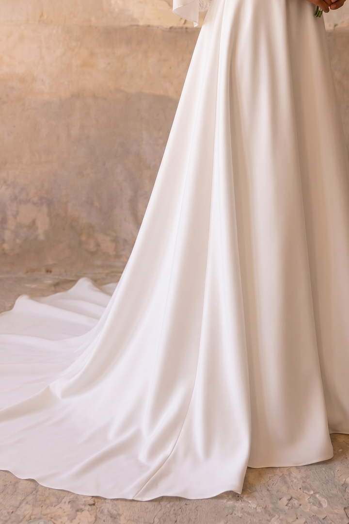 Luxury Modest Satin Wedding Dress with Draped Bodice - Long Sleeves- Cathedral Train and Button Back Plus Size