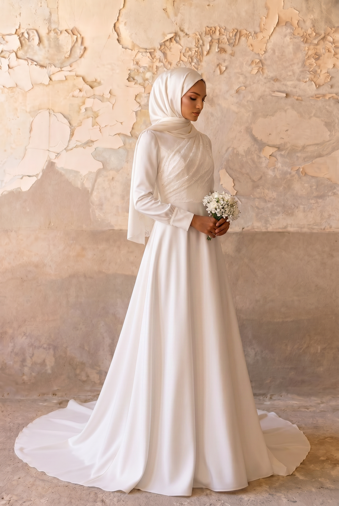 Luxury Modest Satin Wedding Dress with Draped Bodice - Long Sleeves- Cathedral Train and Button Back Plus Size