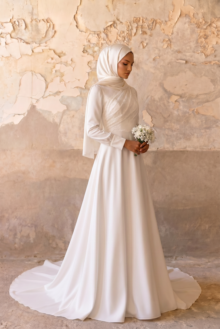 Luxury Modest Satin Wedding Dress with Draped Bodice - Long Sleeves- Cathedral Train and Button Back Plus Size