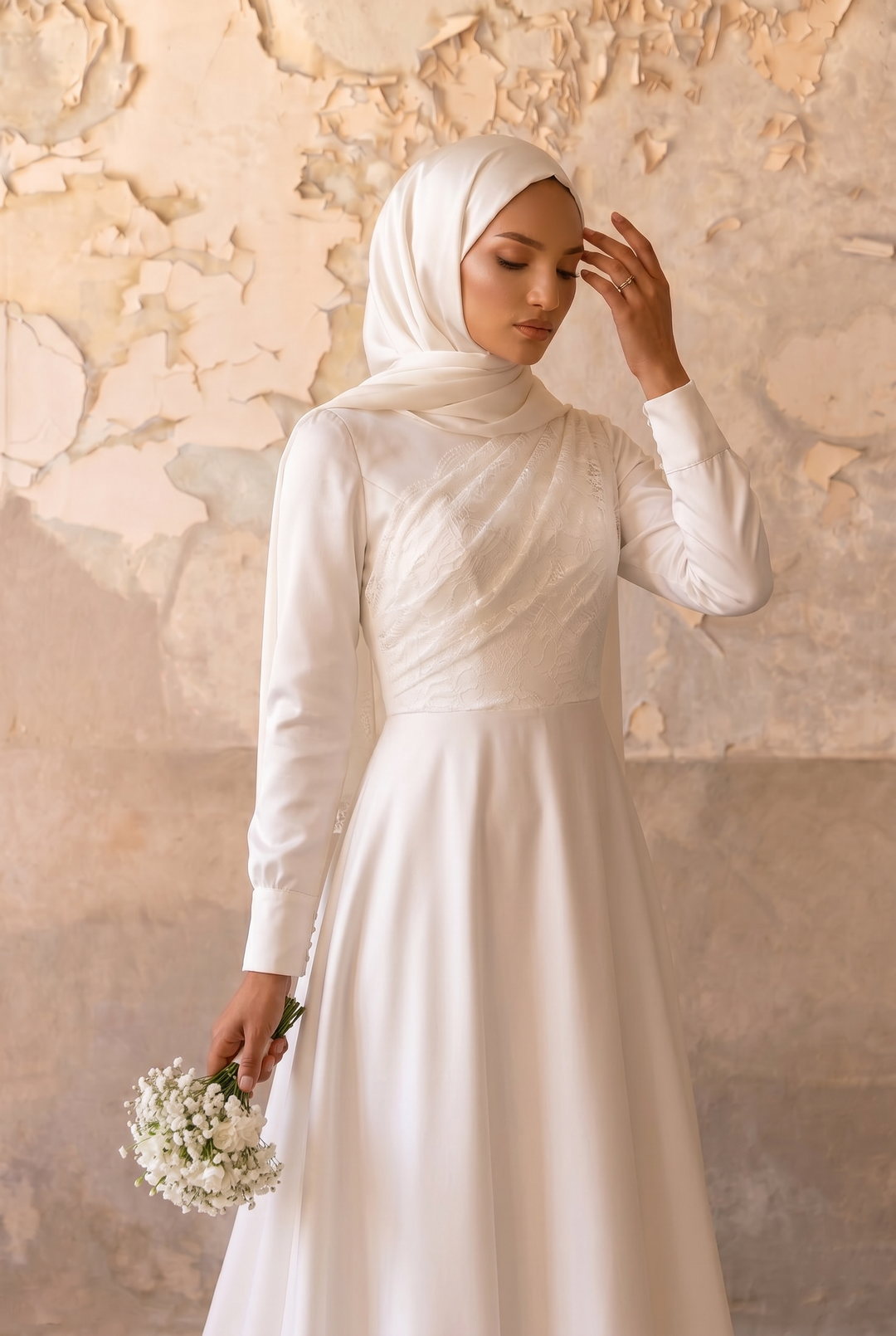 Luxury Modest Satin Wedding Dress with Draped Bodice - Long Sleeves- Cathedral Train and Button Back Plus Size