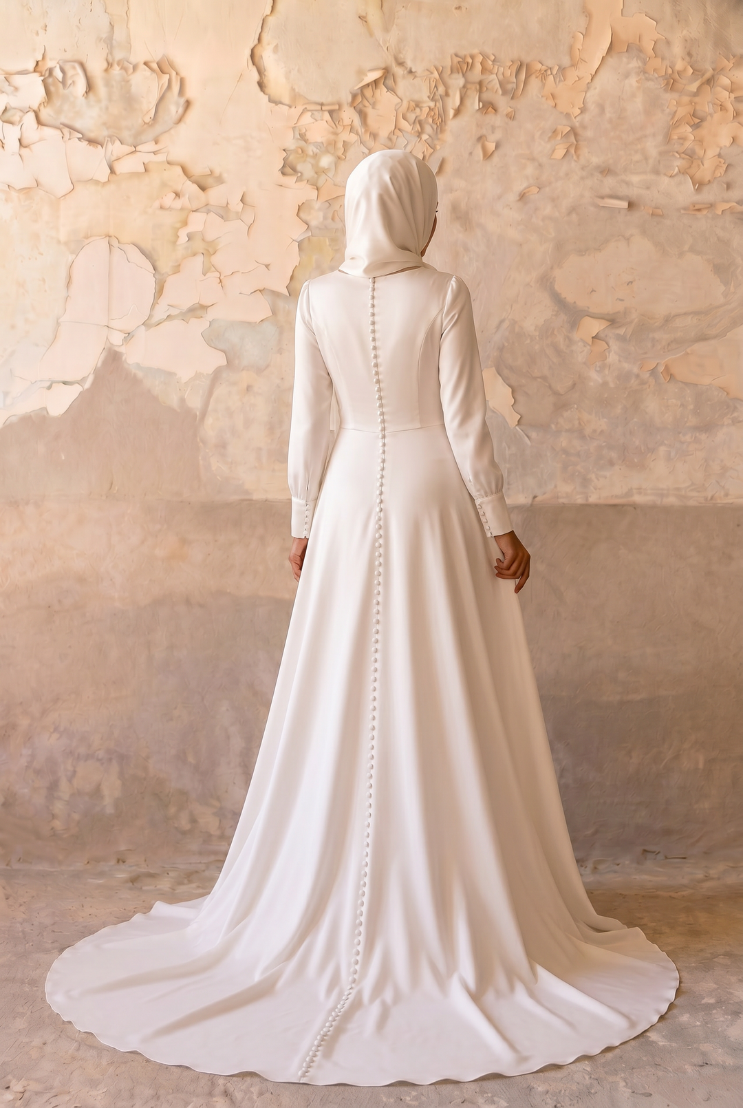 Luxury Modest Satin Wedding Dress with Draped Bodice - Long Sleeves- Cathedral Train and Button Back Plus Size