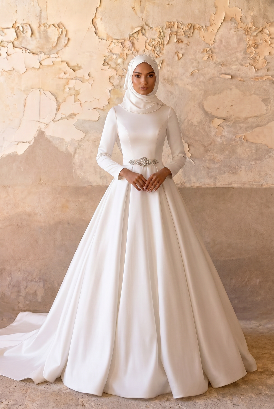 Luxury Modest Satin Wedding Dress with High Neck-Long Sleeves and A-Line Skirt – Minimalist Bridal Gown Plus Size