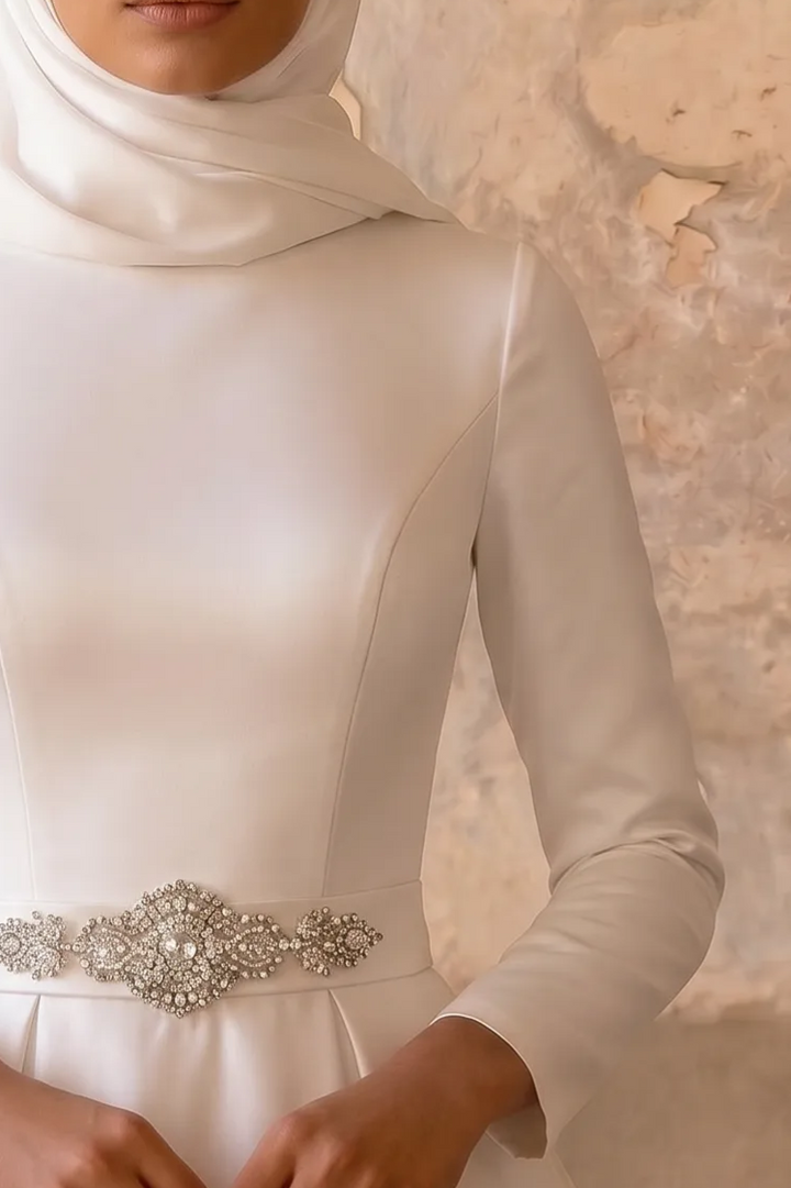 Luxury Modest Satin Wedding Dress with High Neck-Long Sleeves and A-Line Skirt – Minimalist Bridal Gown Plus Size