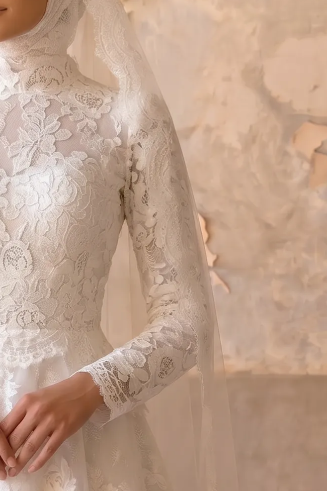 Luxury Modest Tiered Lace A-Line Wedding Dress with High Neck, Long Sleeves and Cathedral Train Plus Size