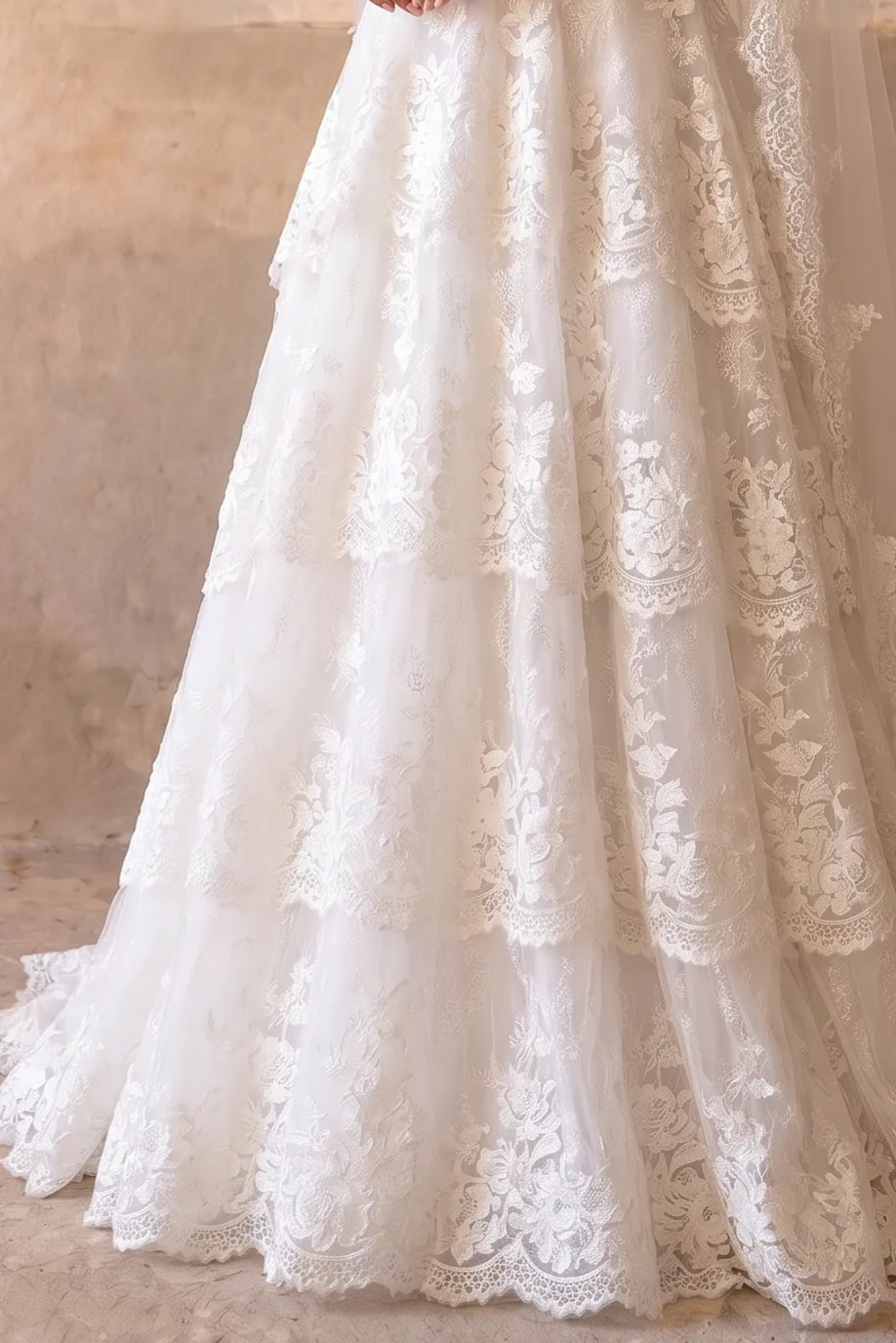Luxury Modest Tiered Lace A-Line Wedding Dress with High Neck, Long Sleeves and Cathedral Train Plus Size