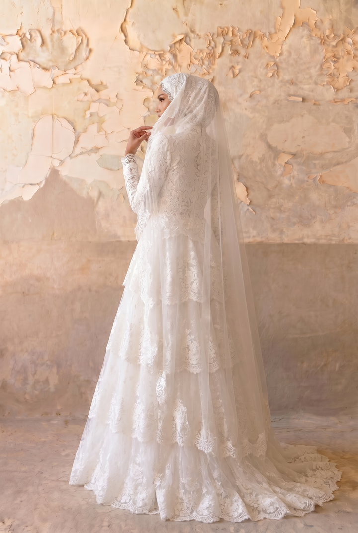 Luxury Modest Tiered Lace A-Line Wedding Dress with High Neck, Long Sleeves and Cathedral Train Plus Size