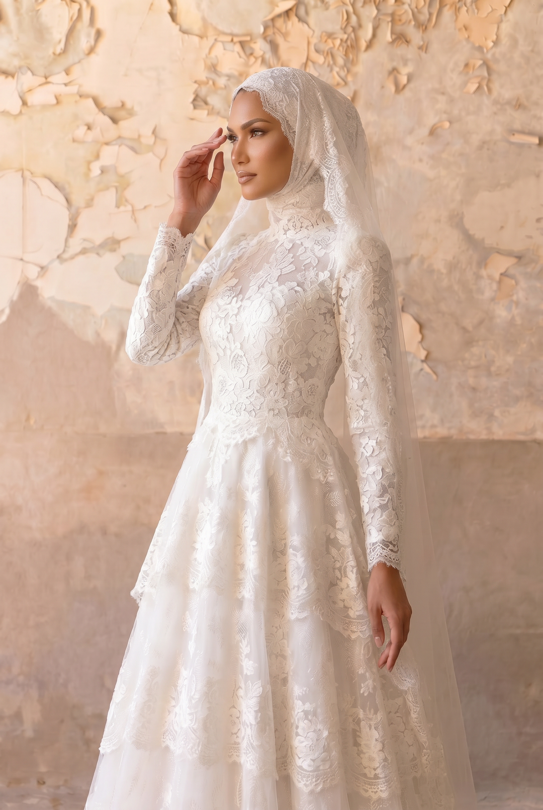 Luxury Modest Tiered Lace A-Line Wedding Dress with High Neck, Long Sleeves and Cathedral Train Plus Size
